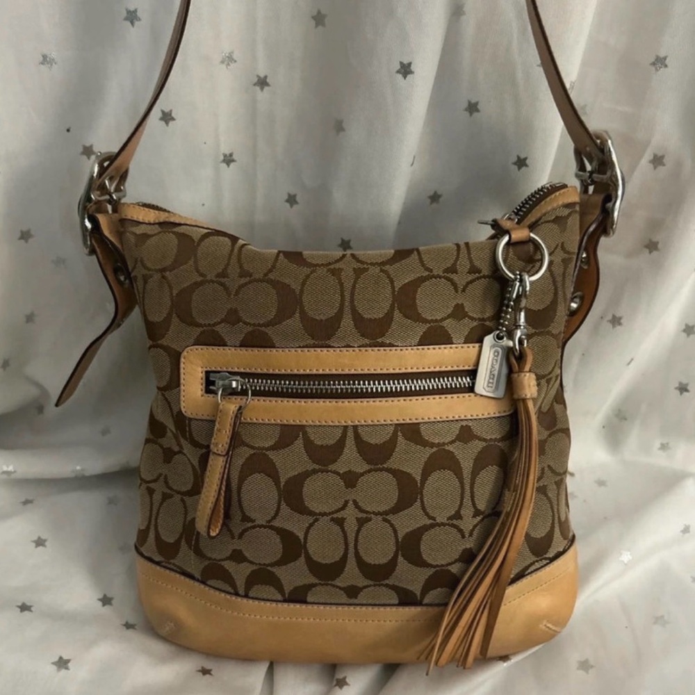 Coach Tan and Brown Signature Shoulder Bag